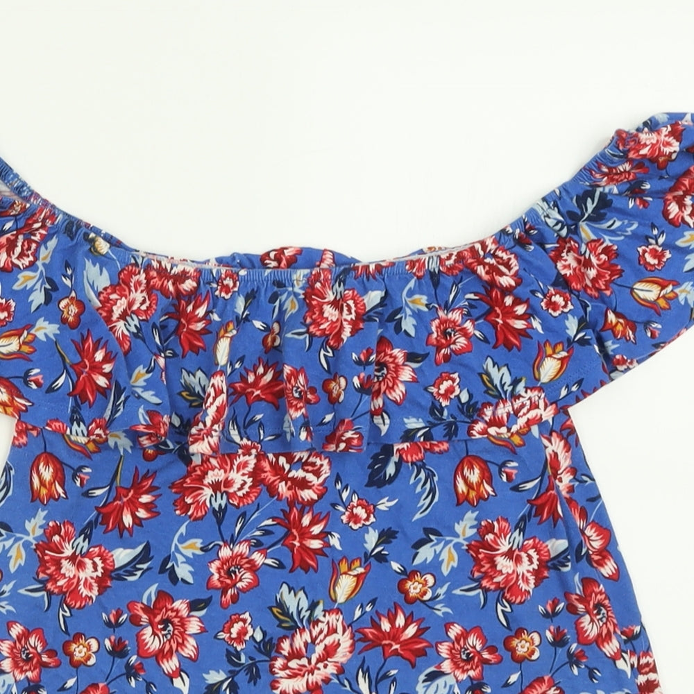 Springfield Womens Blue Floral Viscose Basic T-Shirt Size XS Off the Shoulder