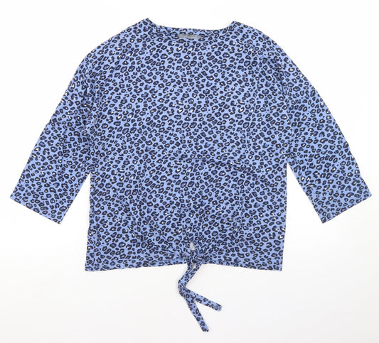 Principles Womens Blue Animal Print Cotton Basic T-Shirt Size 10 Round Neck - Tie Front