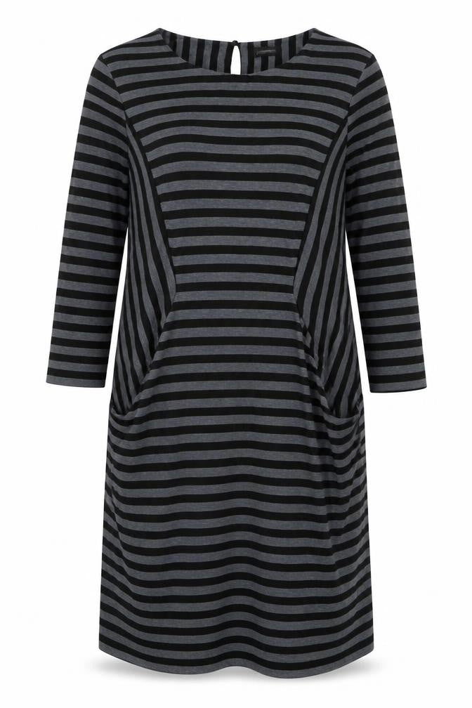 pomodoro Womens Grey Striped Polyester A-Line  Size 14  Crew Neck Button