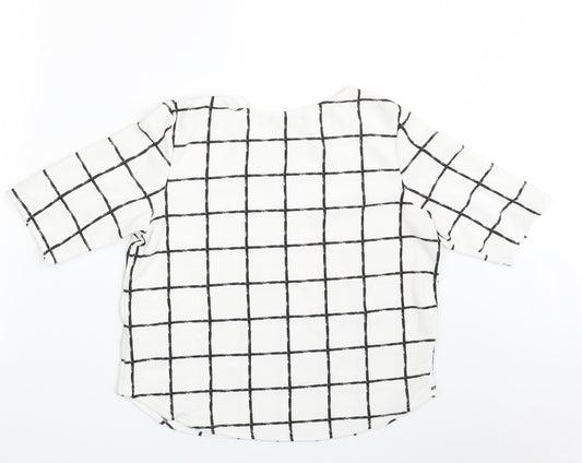 Select Womens White Check Polyester Basic Blouse Size 8 Crew Neck