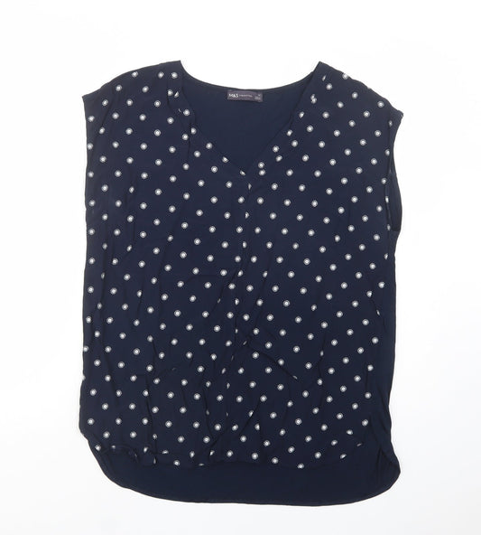 Marks Womens Blue Floral Viscose Basic Blouse Size 12 V-Neck