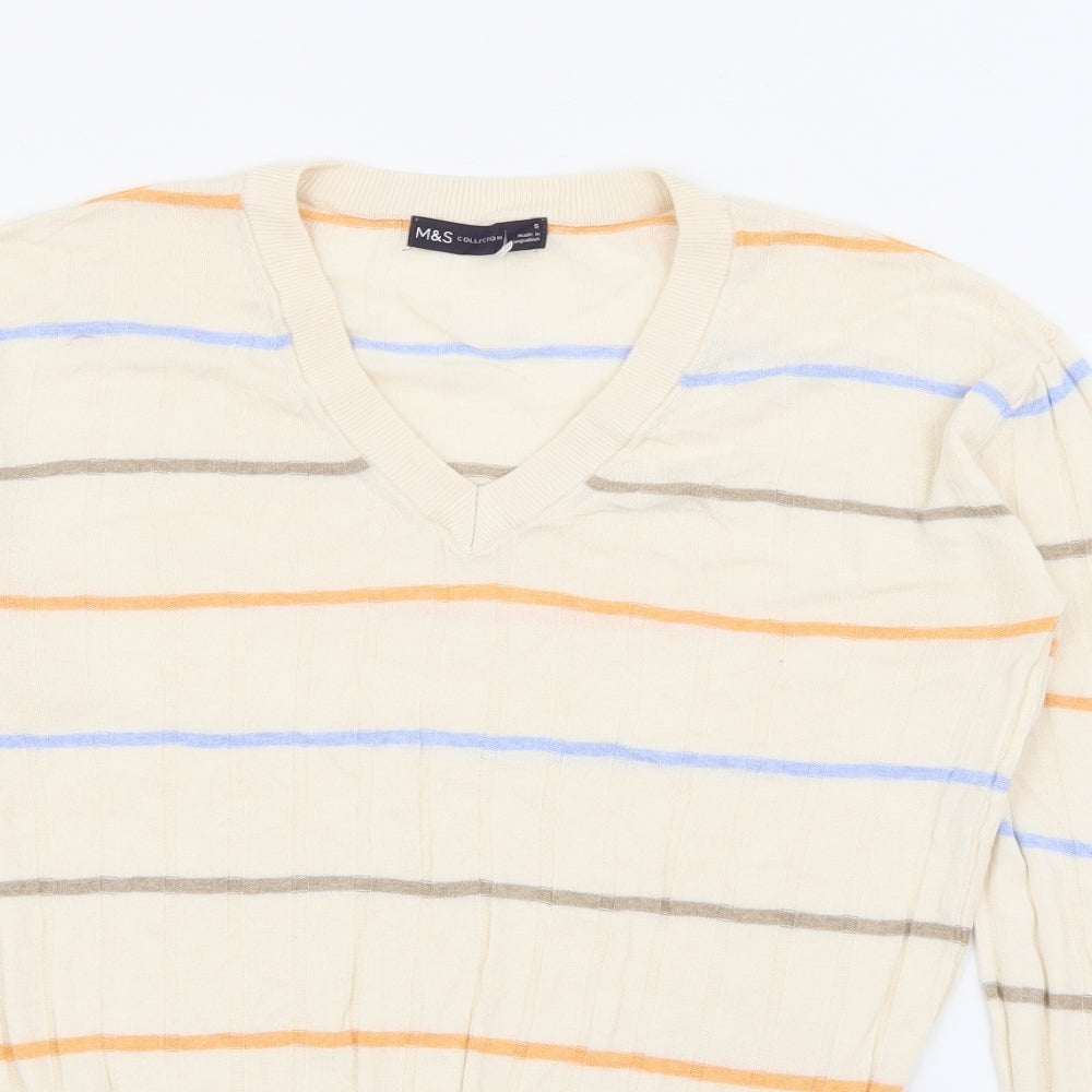 Marks and Spencer Womens Beige V-Neck Striped Viscose Pullover Jumper Size S