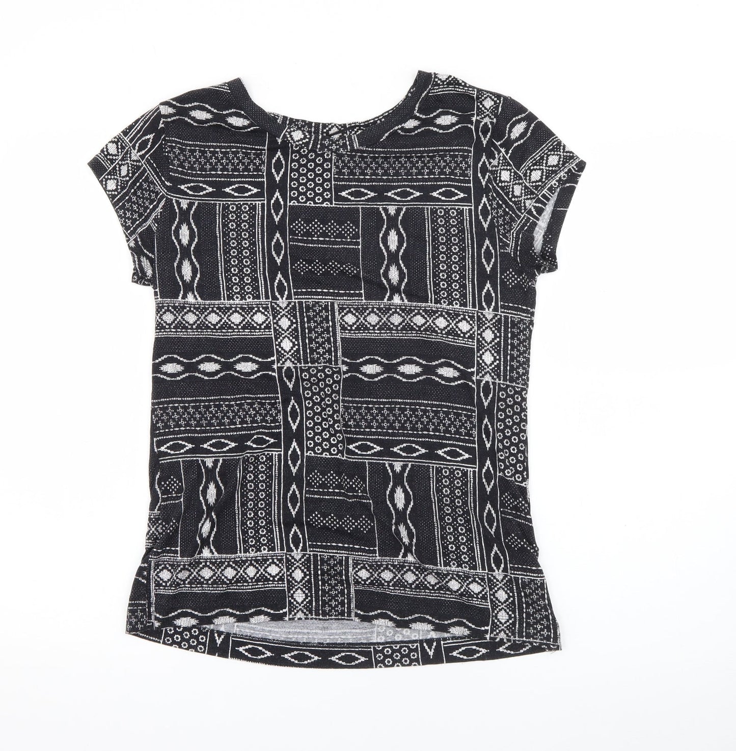 H&M Womens Blue Geometric Viscose Basic T-Shirt Size M Boat Neck
