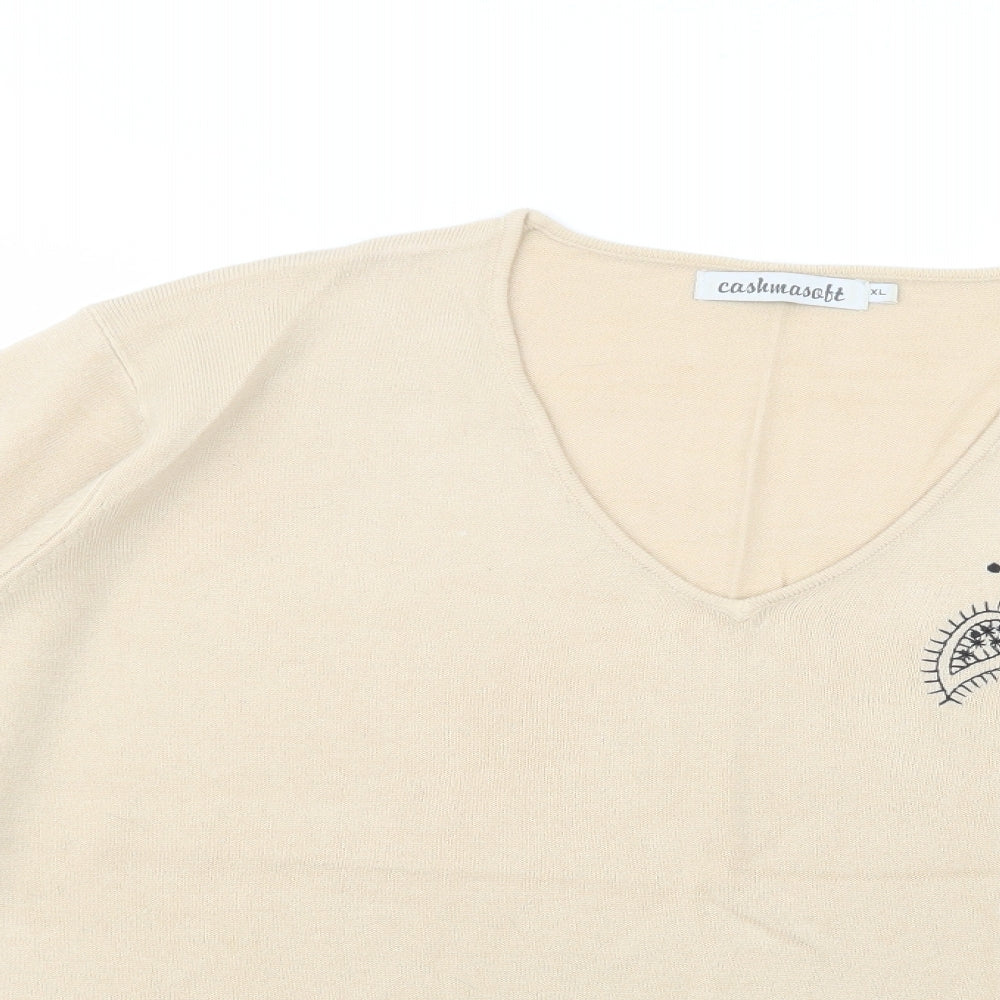 Cashmasoft Womens Beige V-Neck  Acrylic Pullover Jumper Size XL
