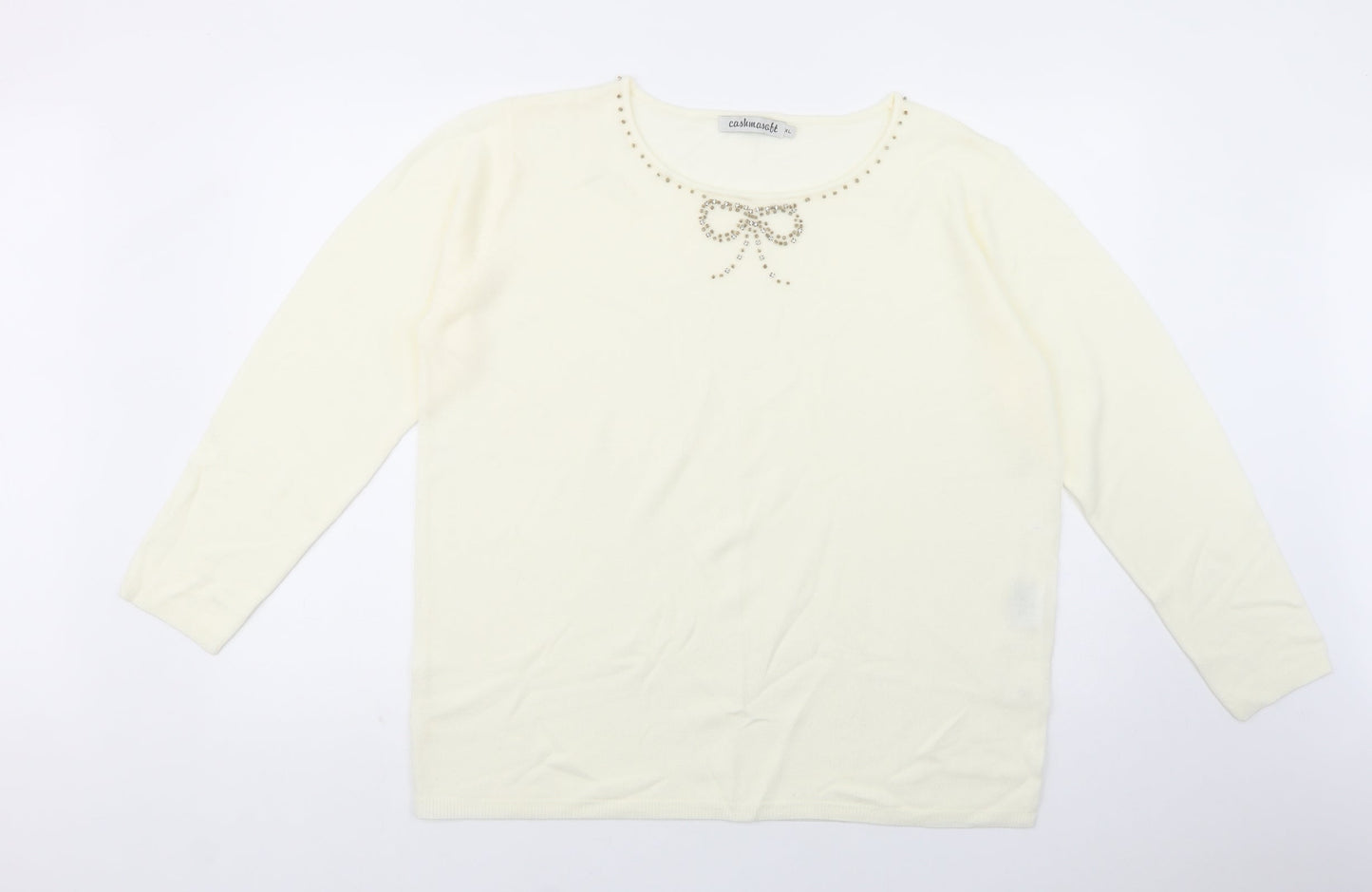 Cashmasoft Womens Ivory Boat Neck  Acrylic Pullover Jumper Size XL   - Embellished Neckline