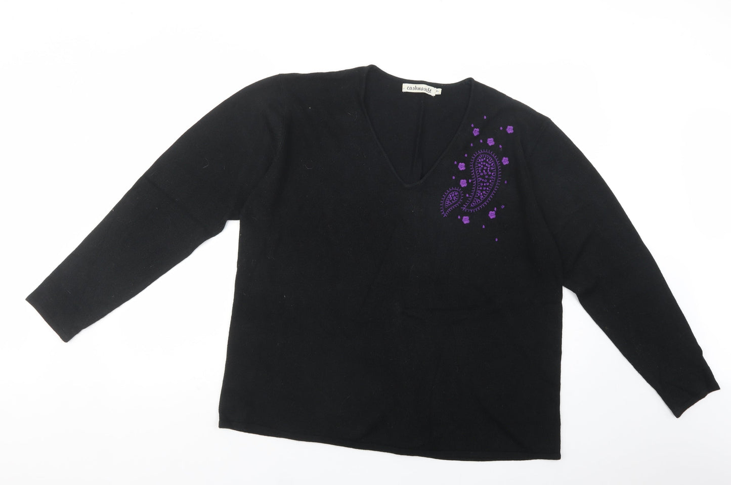 Cashmasoft Womens Black V-Neck  Acrylic Pullover Jumper Size XL