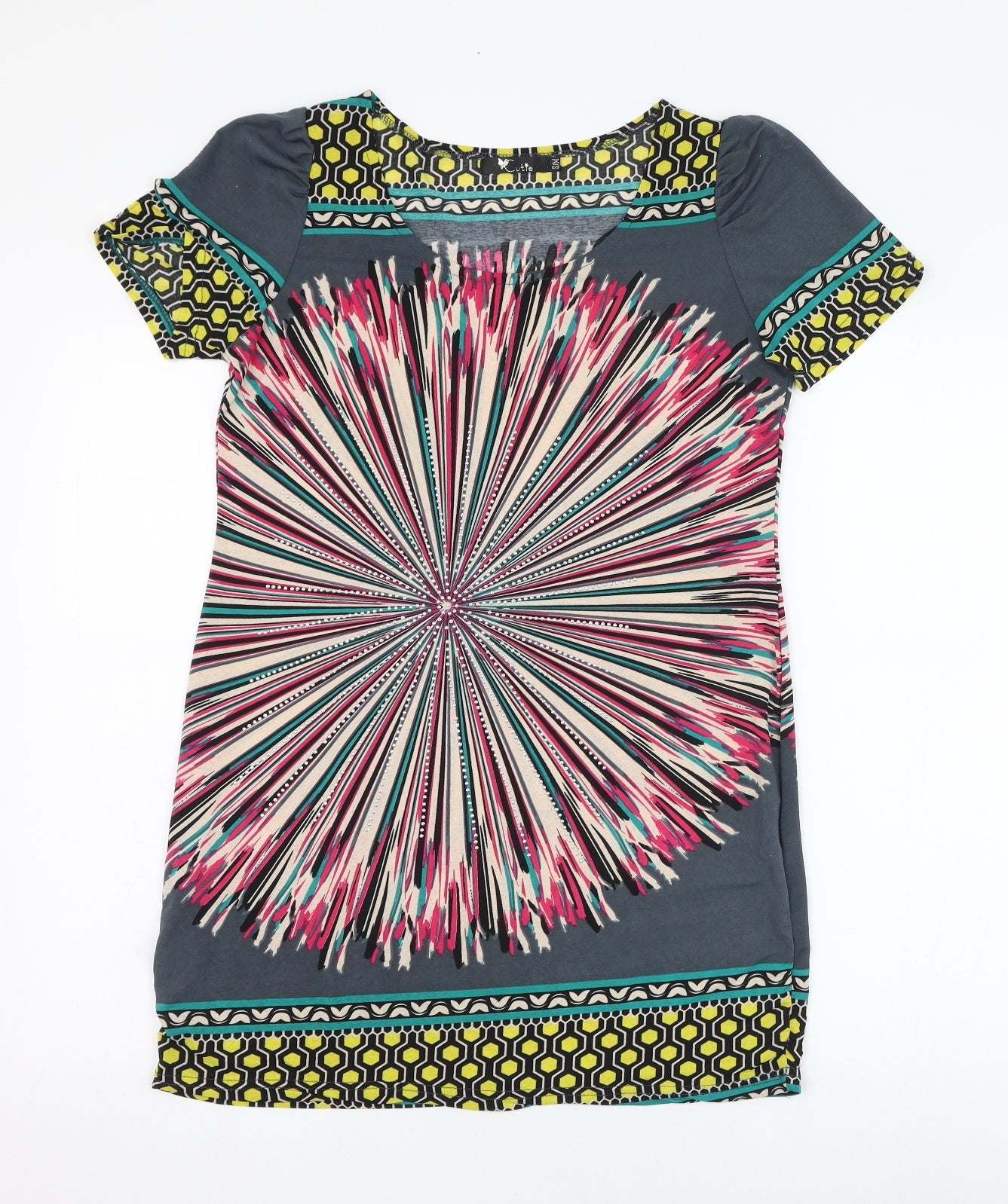 Cutie Womens Grey Geometric Cotton Tunic T-Shirt Size S Round Neck