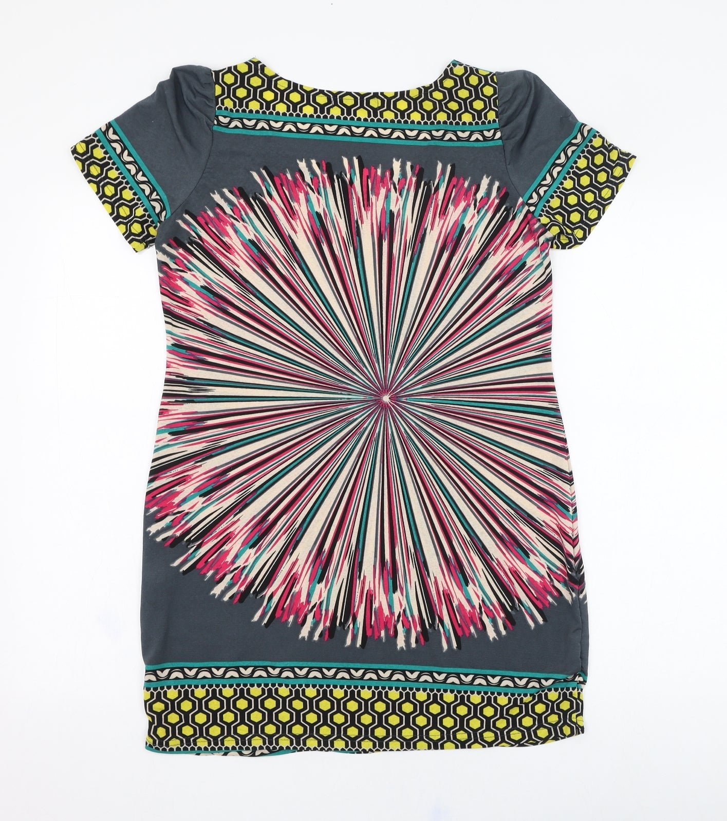 Cutie Womens Grey Geometric Cotton Tunic T-Shirt Size S Round Neck