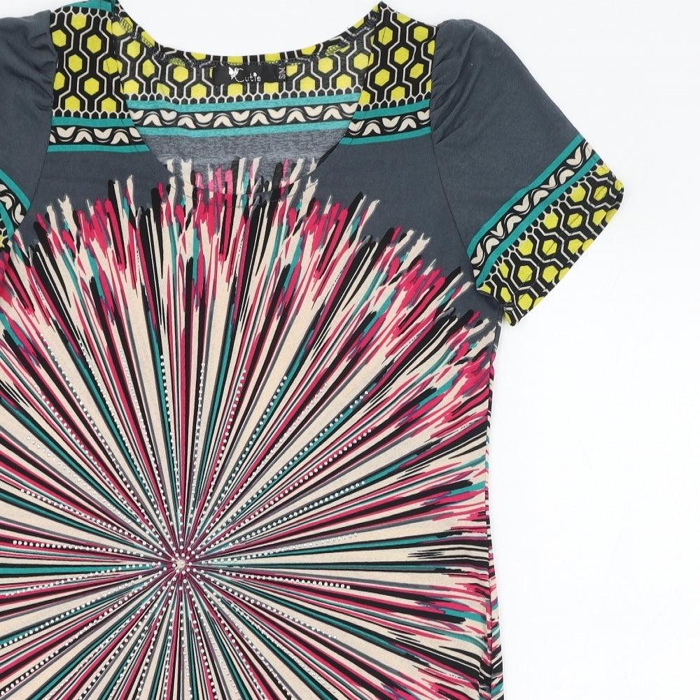 Cutie Womens Grey Geometric Cotton Tunic T-Shirt Size S Round Neck