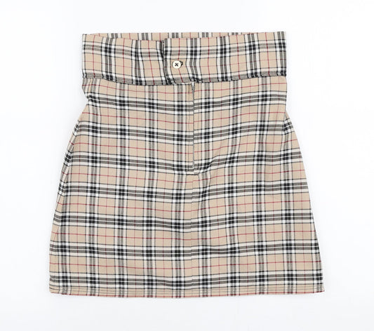 Preworn Womens Beige Plaid Polyester A-Line Skirt Size 28 in   Zip