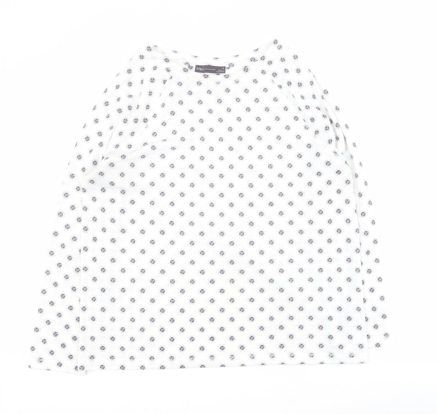 Marks and Spencer Womens White Geometric Polyester Basic Polo Size 14 Round Neck