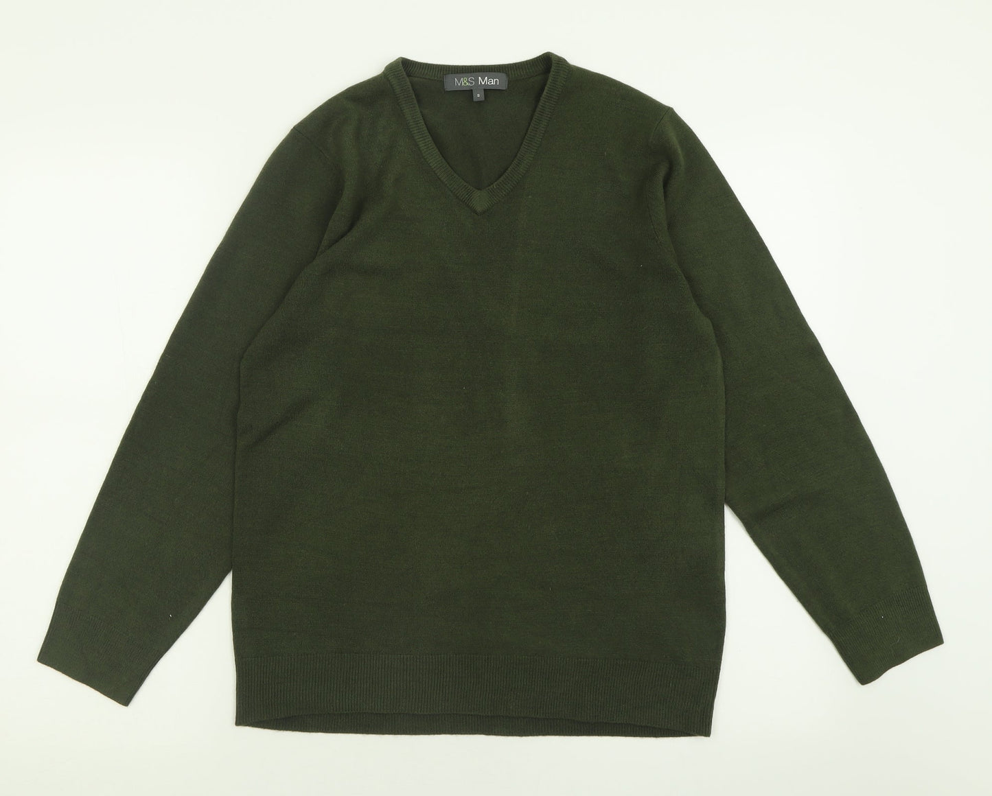 Marks and Spencer Mens Green V-Neck  Acrylic Pullover Jumper Size S