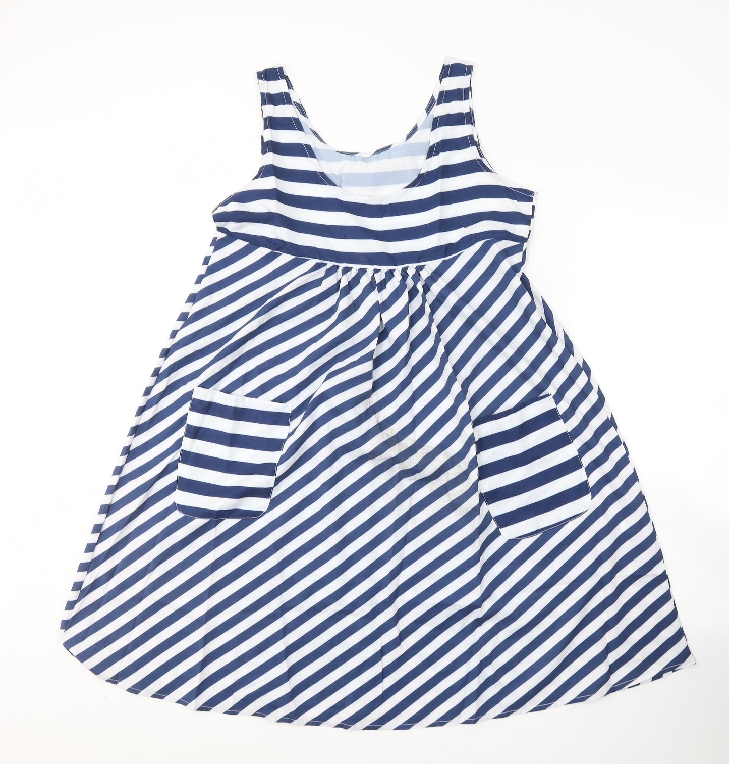 Preworn Womens Blue Striped Polyester Fit & Flare  Size M  Round Neck Pullover