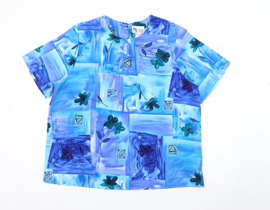 Maggie Sweet Womens Blue Geometric Polyester Basic T-Shirt Size XL Round Neck