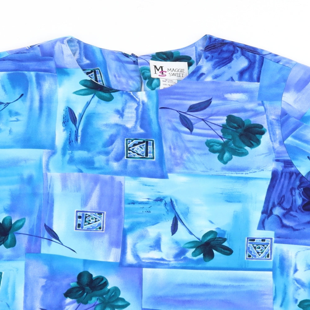 Maggie Sweet Womens Blue Geometric Polyester Basic T-Shirt Size XL Round Neck