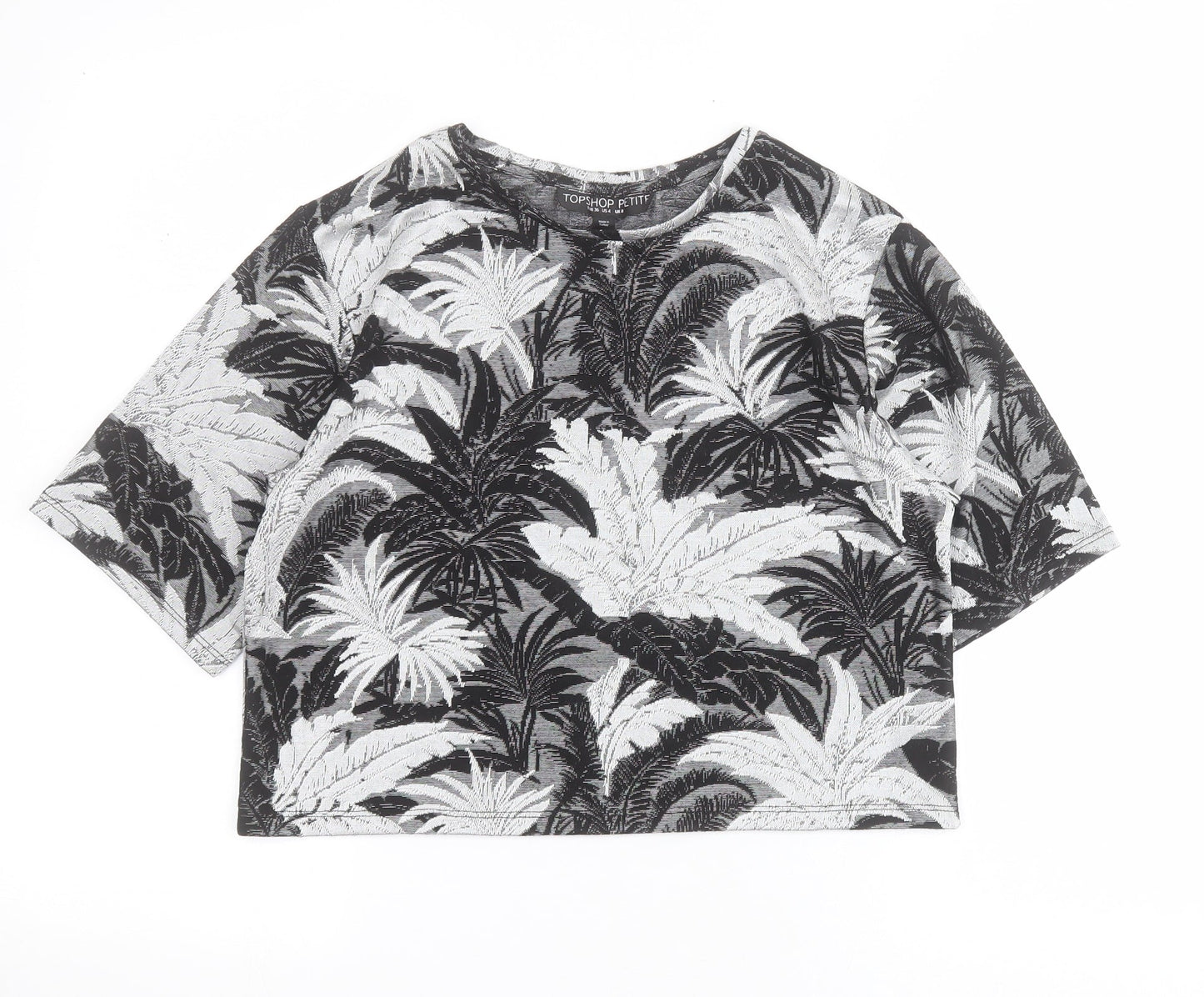 Topshop Womens Black Floral Viscose Cropped T-Shirt Size 8 Round Neck