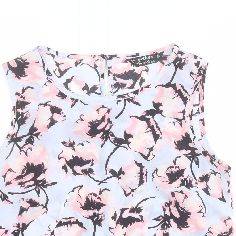 Miss Selfridge Womens Blue Floral Polyester Basic Tank Size 6 Round Neck