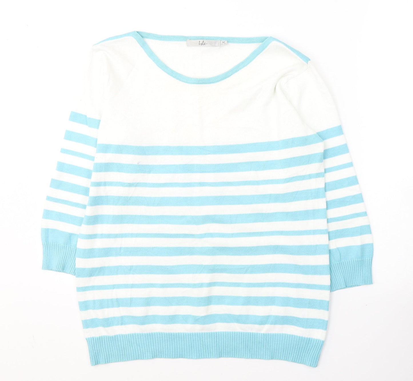 Isle Womens Blue Round Neck Striped Cotton Pullover Jumper Size 14