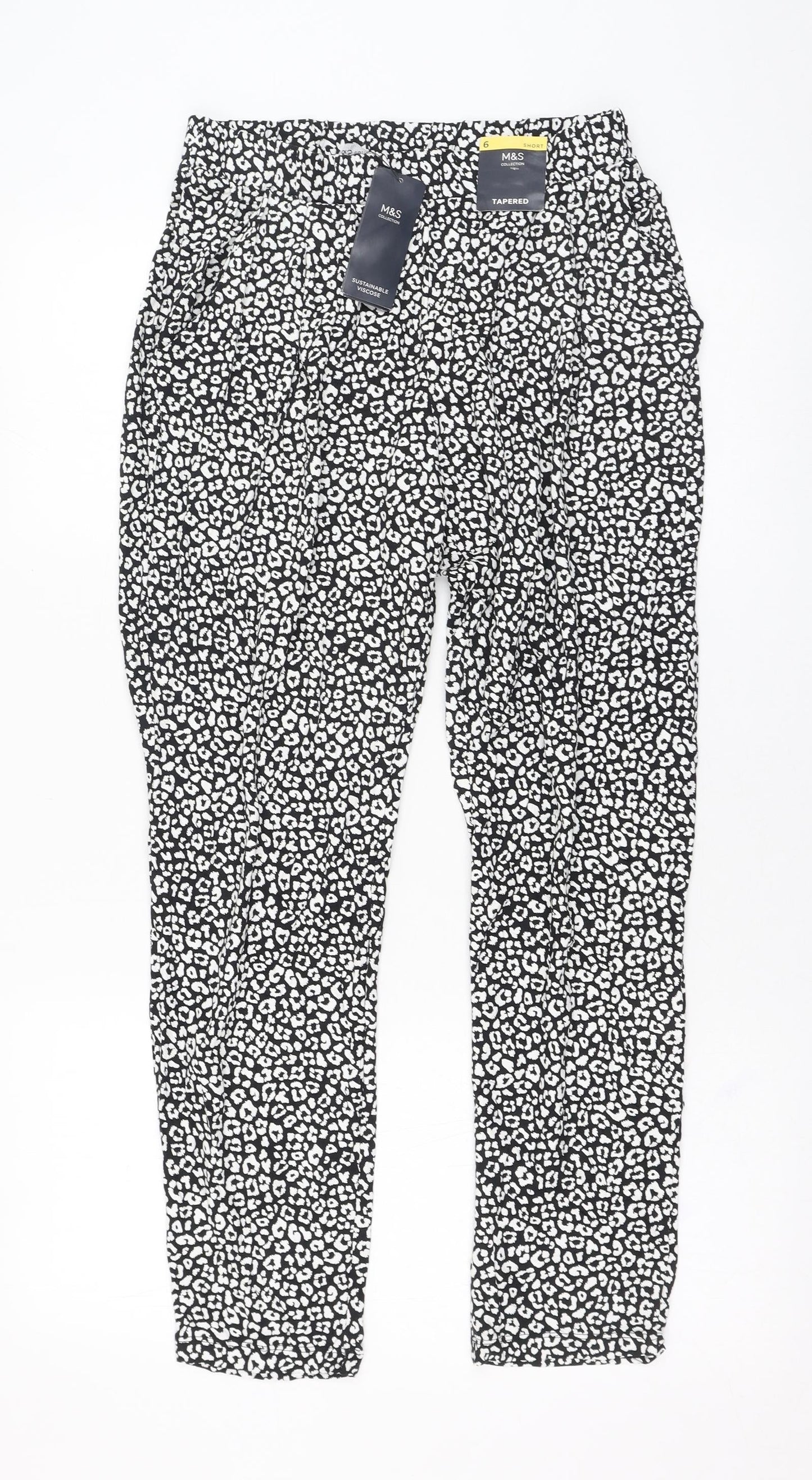 Marks and Spencer Womens Black Animal Print Viscose Carrot Trousers Size 6 L26 in Regular