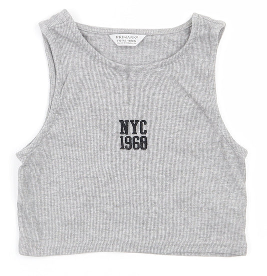 Primark Girls Grey  Cotton Cropped Tank Size 9-10 Years Round Neck Pullover