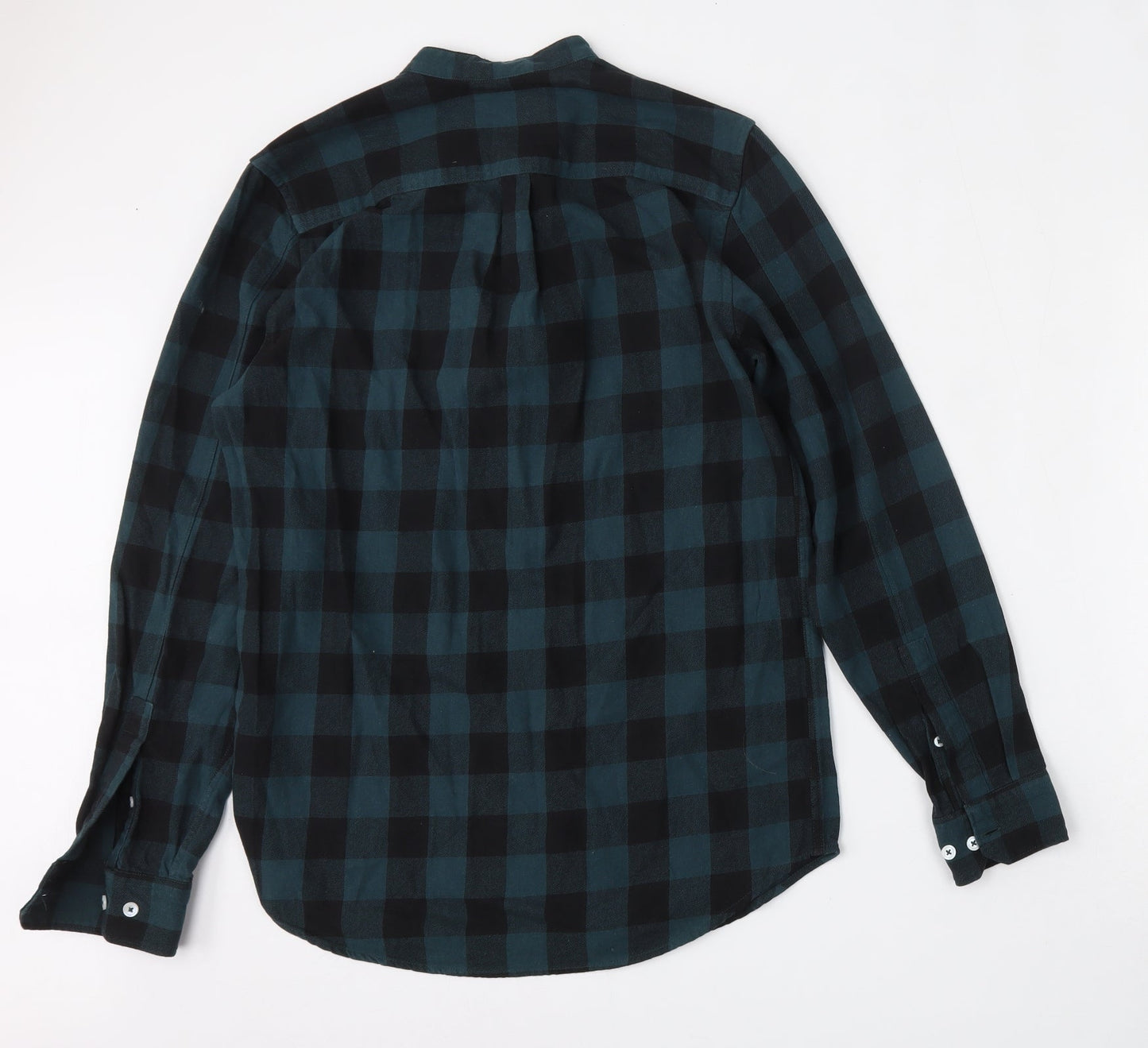 River Island Mens Green Plaid Cotton  Button-Up Size S Mock Neck Button