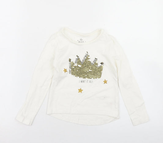 Dunnes Stores Girls Ivory  Cotton Basic T-Shirt Size 3 Years Crew Neck  - Queen
