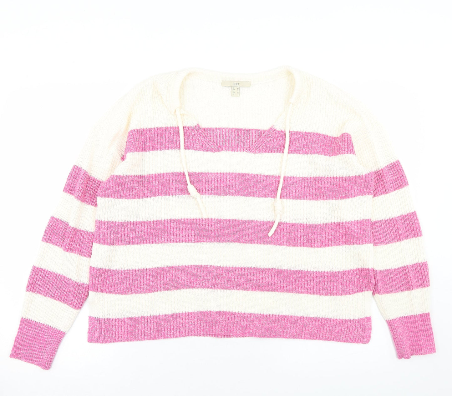 EDC Womens Pink V-Neck Striped Cotton Pullover Jumper Size M