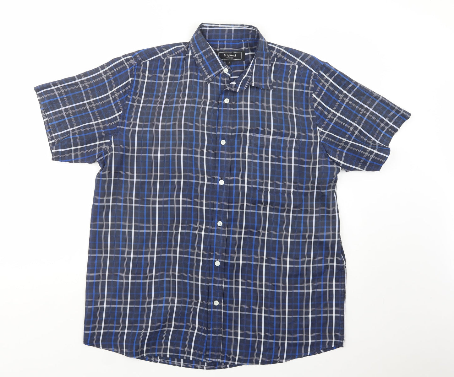 Originals Mens Blue Plaid Polyester  Button-Up Size M Collared Button