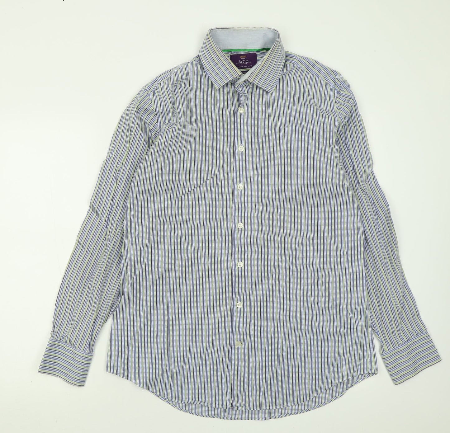 Hawes & Curtis Mens Blue Plaid Polyester  Button-Up Size L Collared Button
