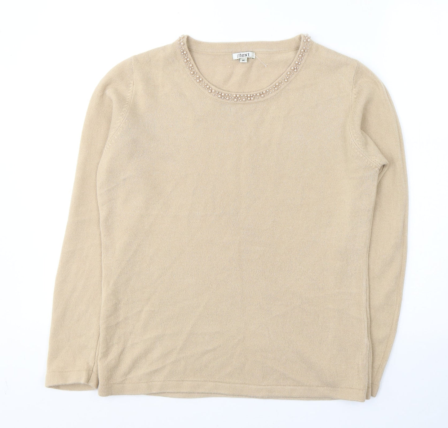 //Text Womens Beige Round Neck  Acrylic Pullover Jumper Size M