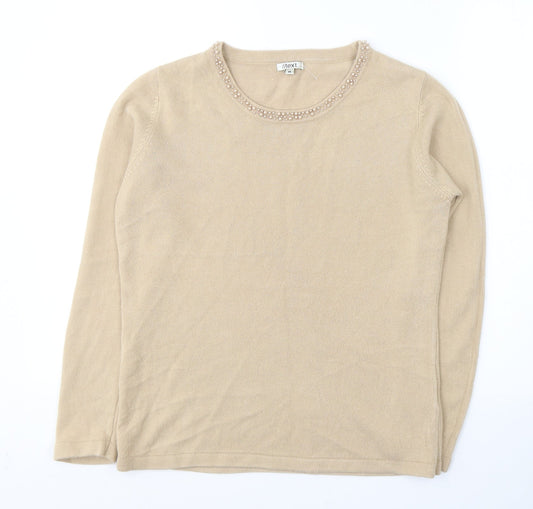//Text Womens Beige Round Neck  Acrylic Pullover Jumper Size M