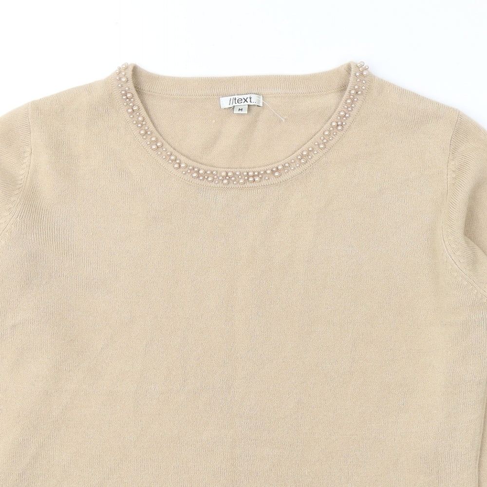 //Text Womens Beige Round Neck  Acrylic Pullover Jumper Size M