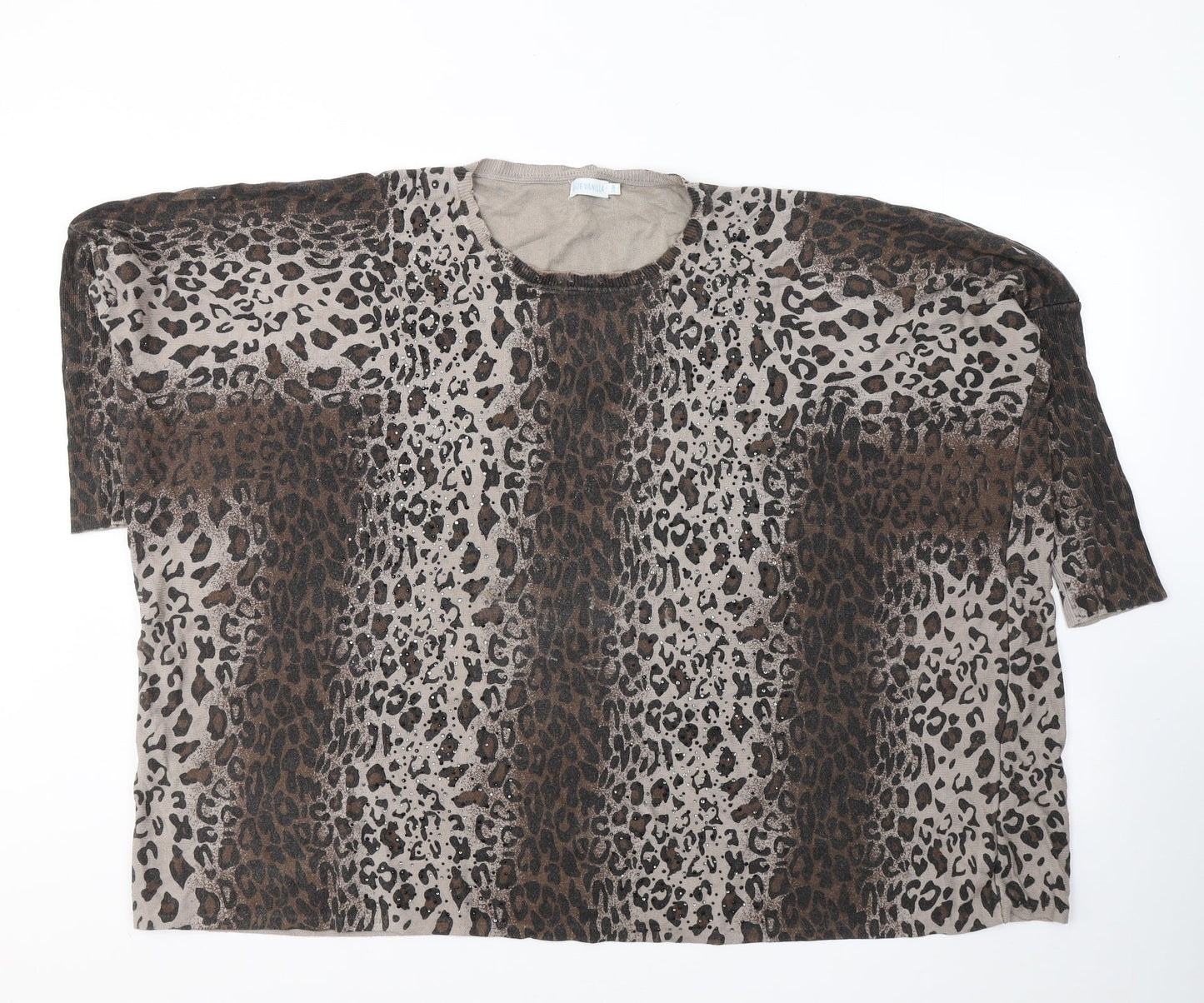 BLUE VANILLA Womens Brown Animal Print Cotton Jersey Blouse Size S Round Neck