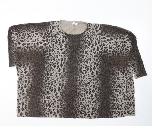 BLUE VANILLA Womens Brown Animal Print Cotton Jersey Blouse Size S Round Neck