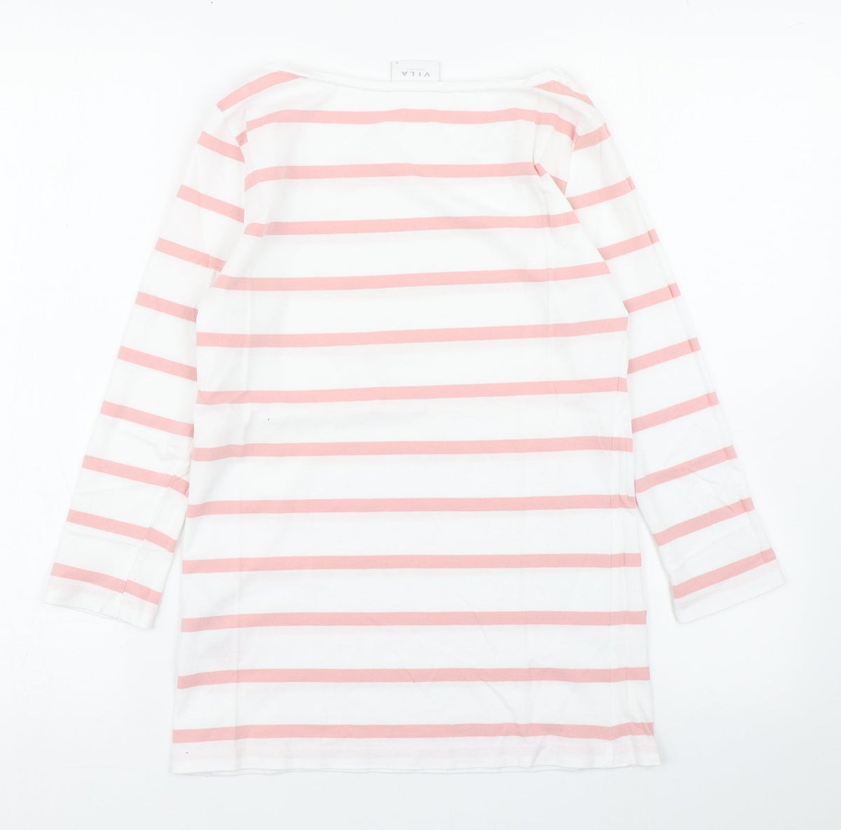 VILA Womens White Striped 100% Cotton Basic T-Shirt Size M Boat Neck