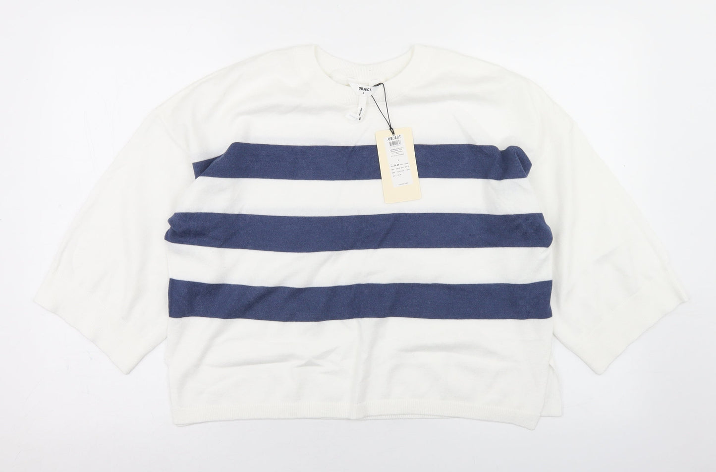 Object Womens White Crew Neck Striped Viscose Pullover Jumper Size L