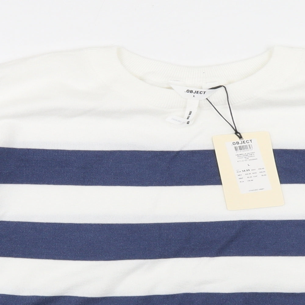 Object Womens White Crew Neck Striped Viscose Pullover Jumper Size L