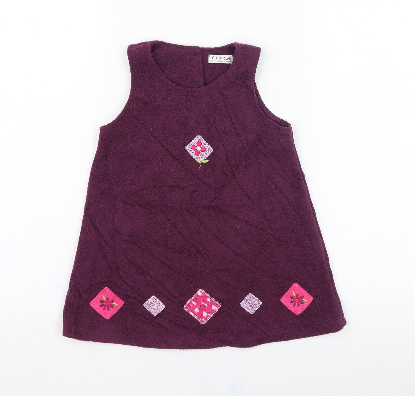 George Girls Purple  Polyester Pinafore/Dungaree Dress  Size 6-9 Months  Round Neck Button - Flower, Fleece