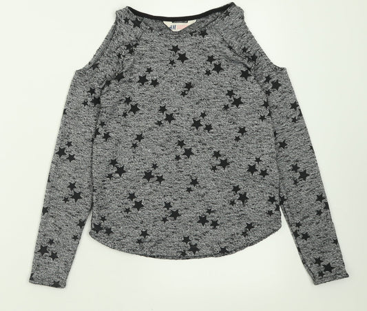 H&M Girls Grey Geometric Polyester Basic Casual Size 9-10 Years Crew Neck Pullover - Star Pattern
