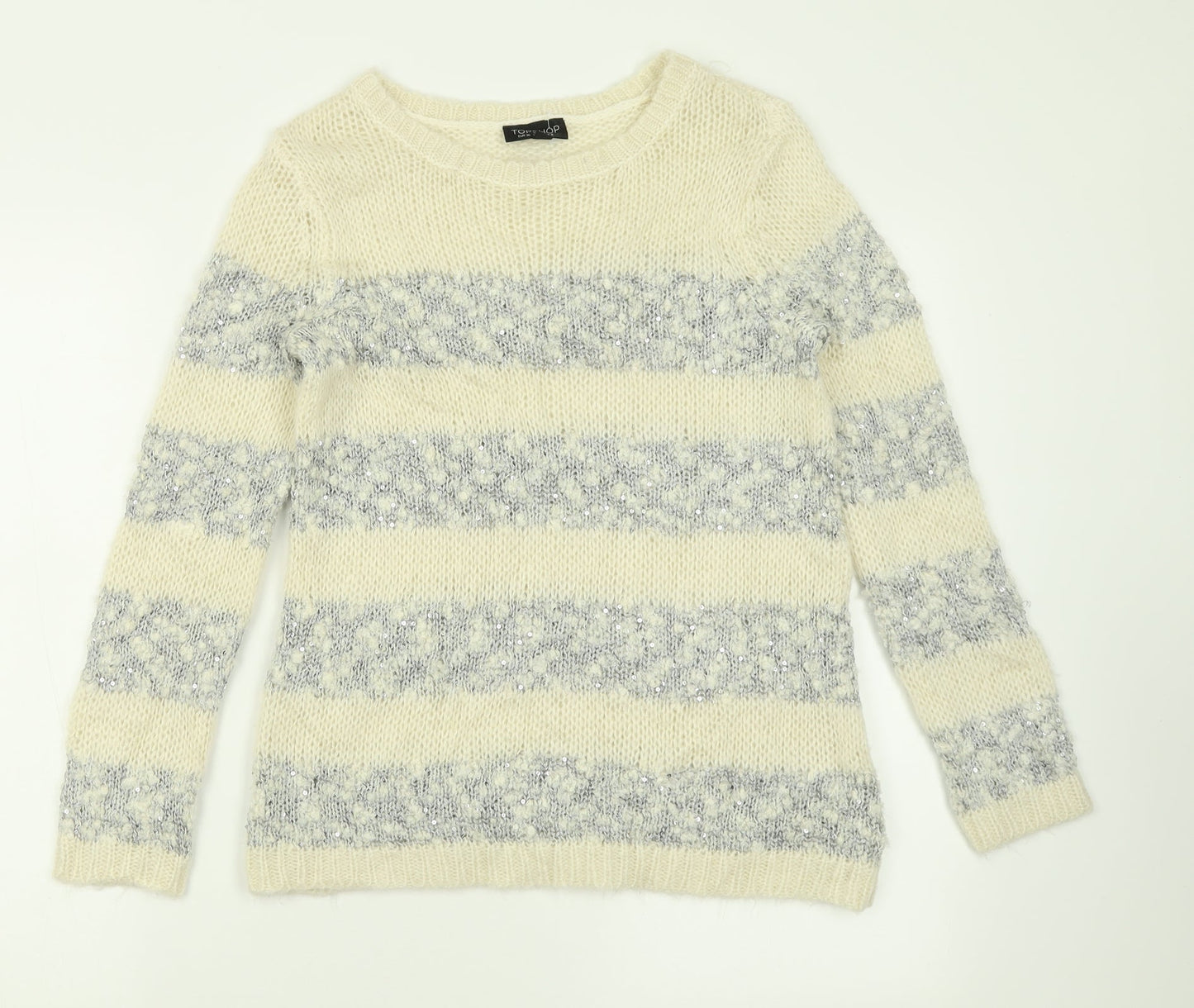 Topshop Womens Ivory Crew Neck Striped Acrylic Pullover Jumper Size 8