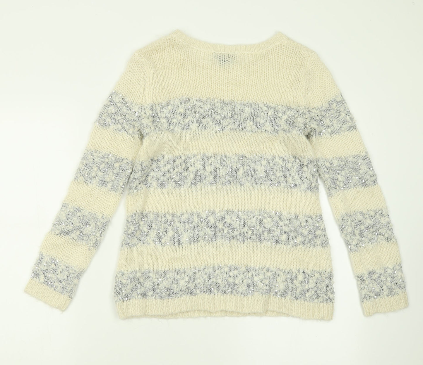 Topshop Womens Ivory Crew Neck Striped Acrylic Pullover Jumper Size 8