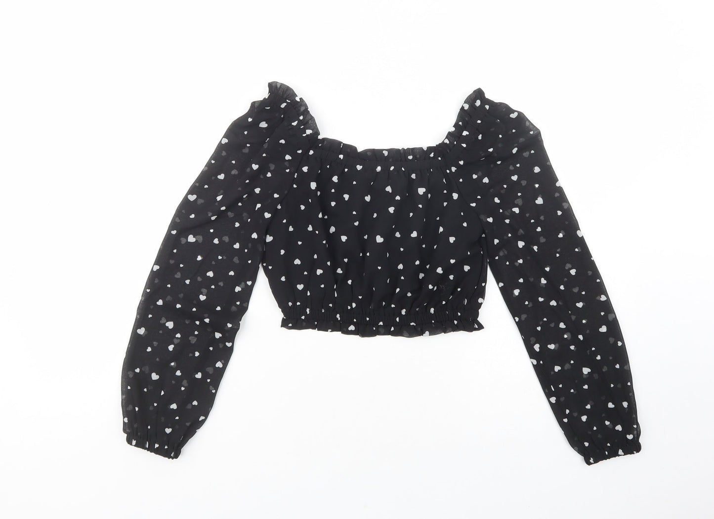New Look Girls Black Polka Dot Polyester Pullover Blouse Size 10 Years Square Neck Pullover