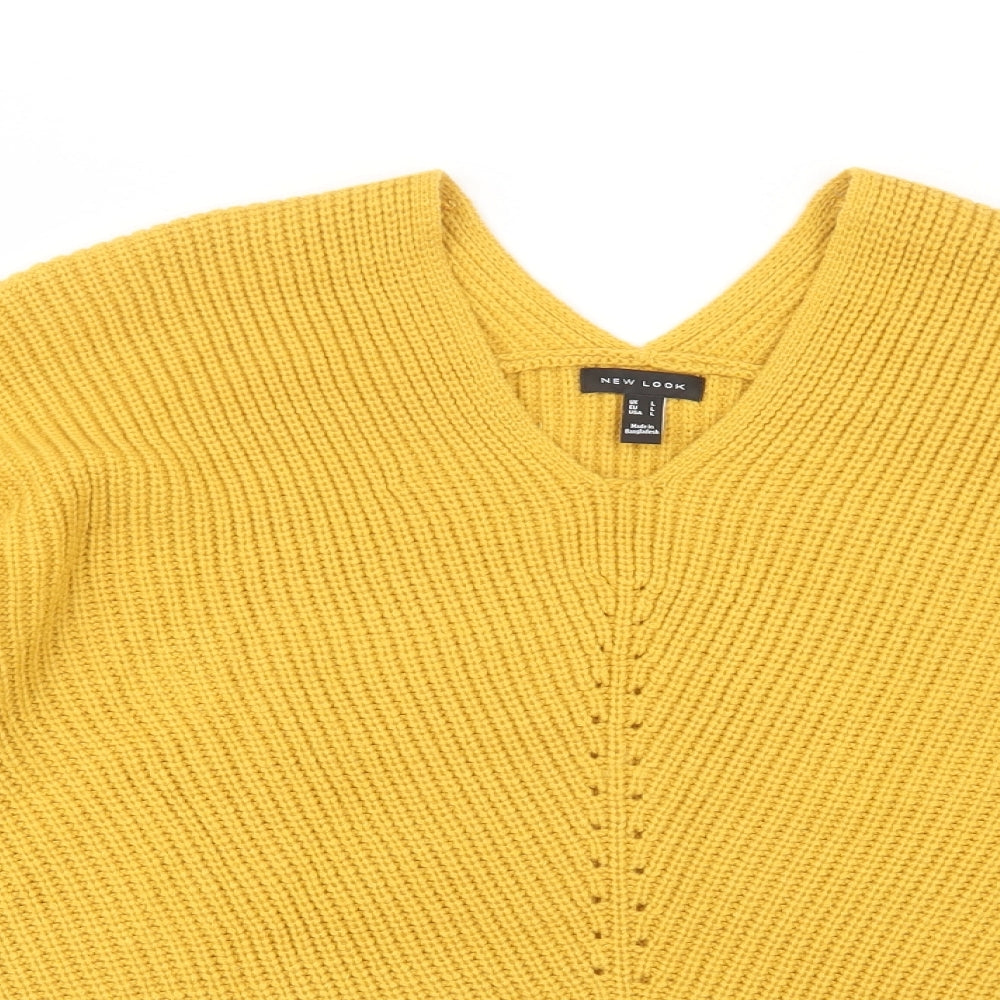 New Look Womens Yellow V-Neck  Acrylic Pullover Jumper Size L