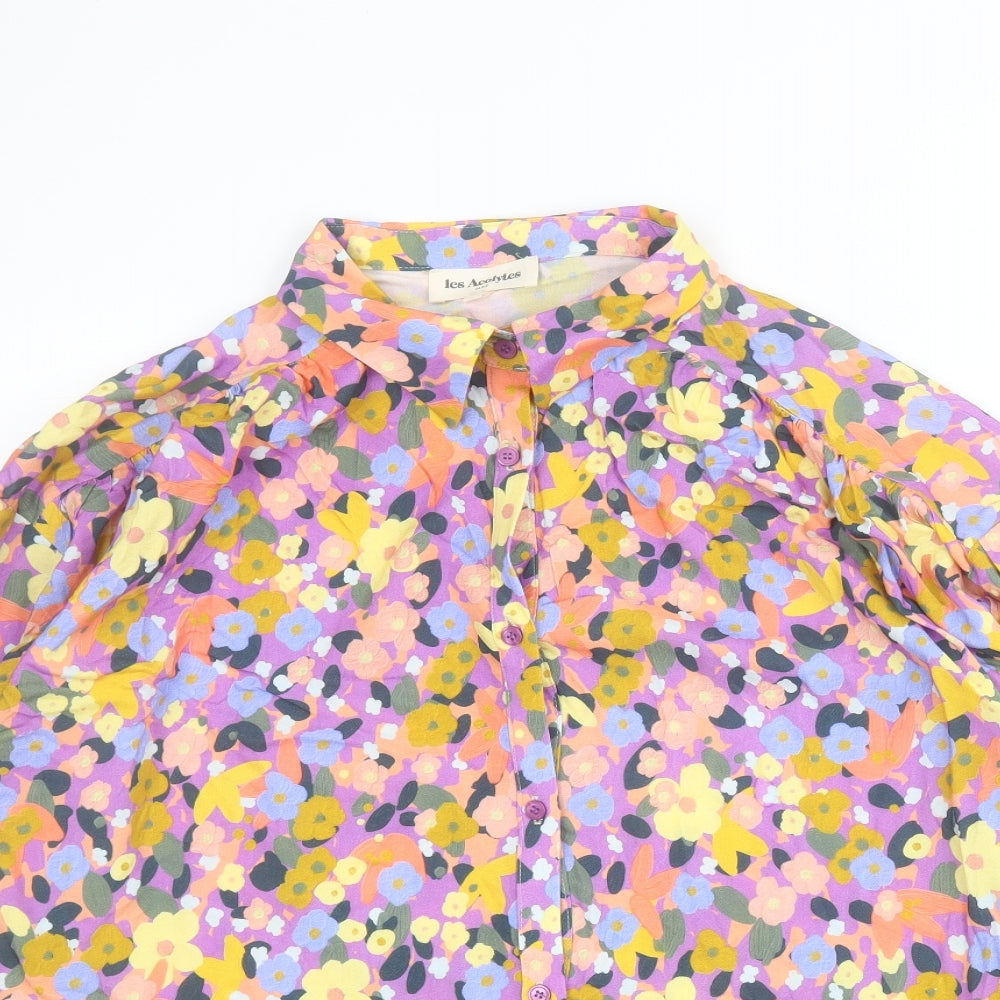 Les Acolytes Womens Purple Floral Viscose Basic Button-Up Size L Collared