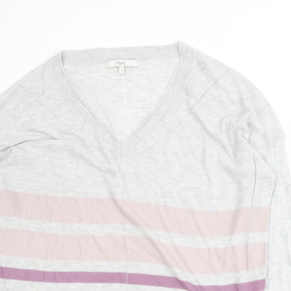 NEXT Womens Grey V-Neck Striped Viscose Pullover Jumper Size 16