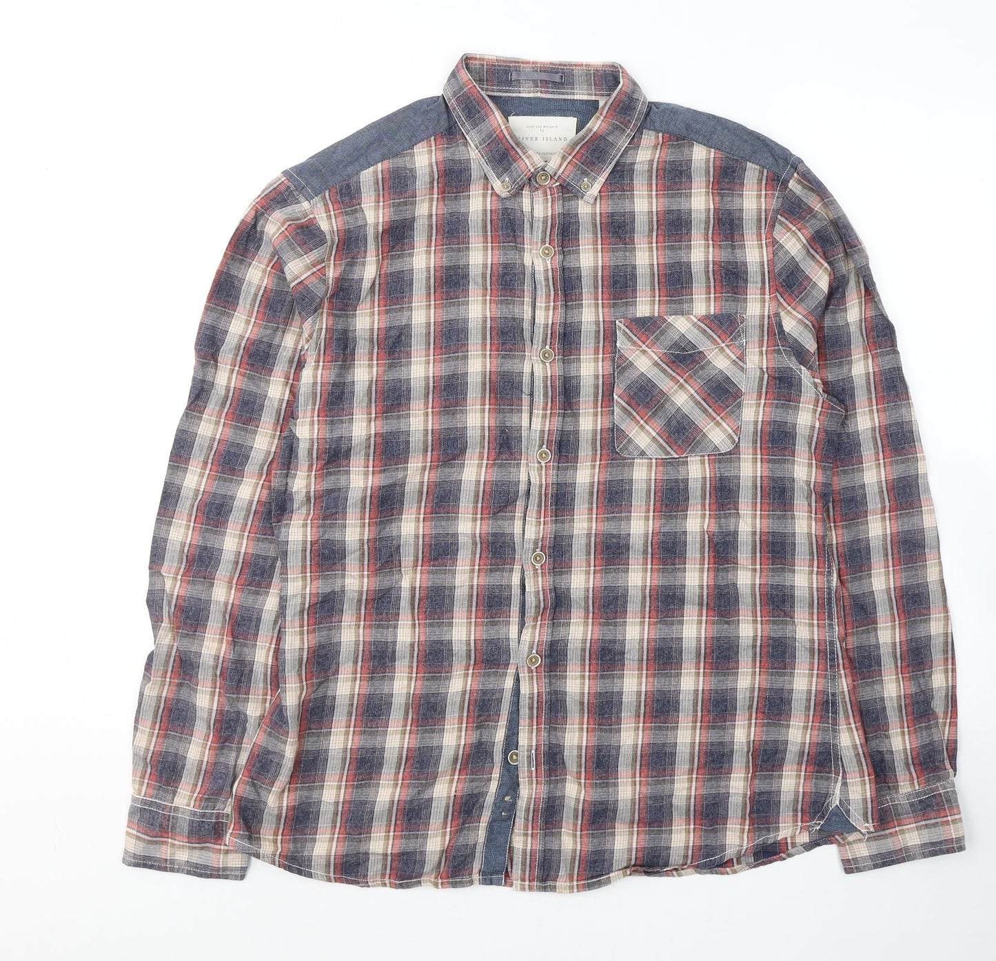 River Island Mens Blue Plaid Cotton  Button-Up Size L Collared Button
