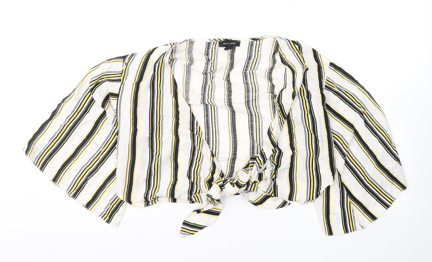 New Look Womens White Striped Cotton Cropped Blouse Size 12 V-Neck - tie detail