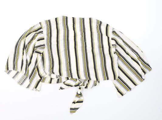 New Look Womens White Striped Cotton Cropped Blouse Size 12 V-Neck - tie detail