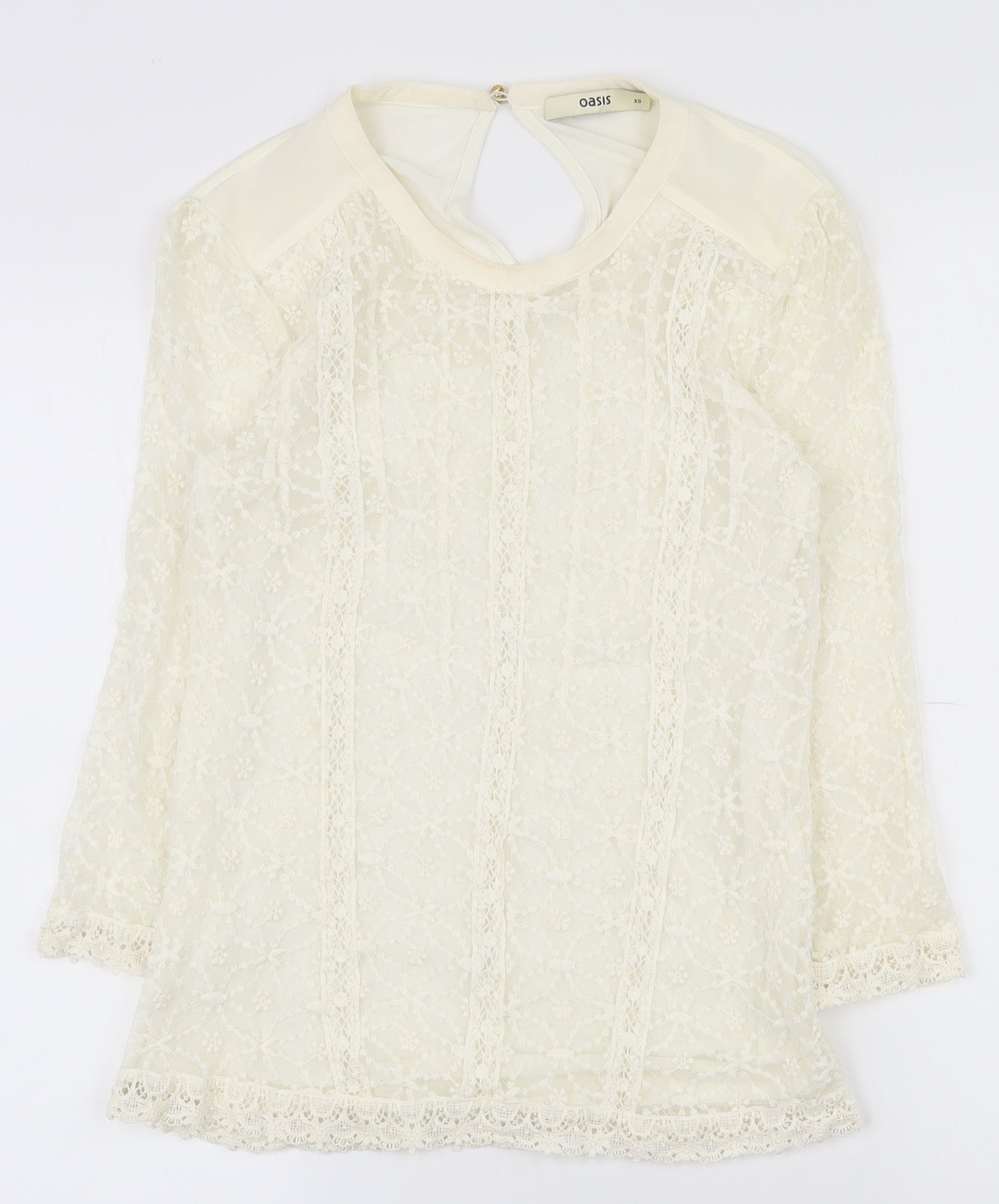 Oasis Womens Ivory Geometric Polyester Basic T-Shirt Size XS Round Neck