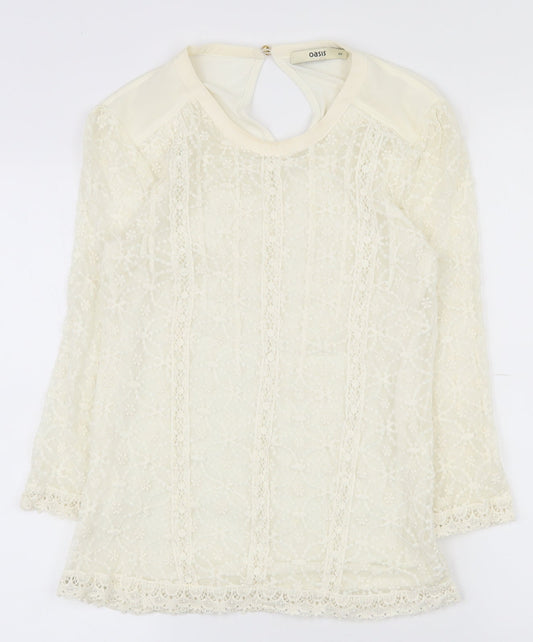 Oasis Womens Ivory Geometric Polyester Basic T-Shirt Size XS Round Neck